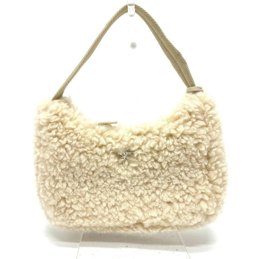 PRADA 1NE515 Triangle logo Fur bag Hand Bag Sheep fur Beige/SilverHardware